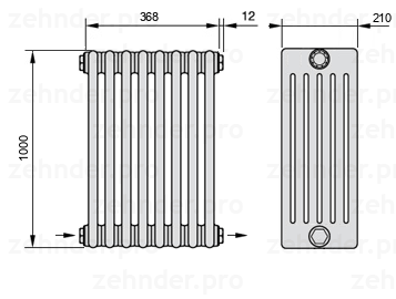 Схема (чертеж) Радиатор Zehnder Charleston 6100/8 №2670 Белый глянцевый RAL 9016